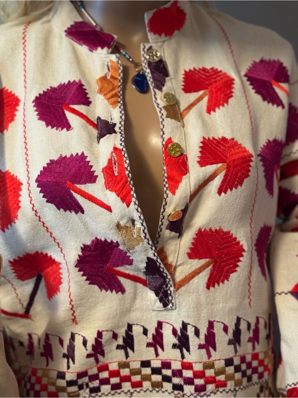 Tory Burch Cream Embroidered Linen Tunic with Red & Purple Accents - Picture 3 of 13